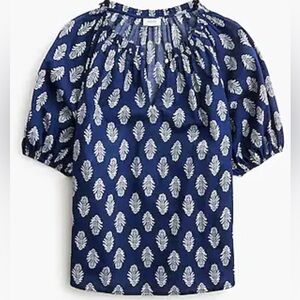 NWT J. Crew Women Printed puff-sleeve split-neck top Navy size XXS